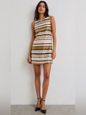 Patrizia Pepe | S | Sequin Striped Sleeveless Shift Dress in Gold and Cream